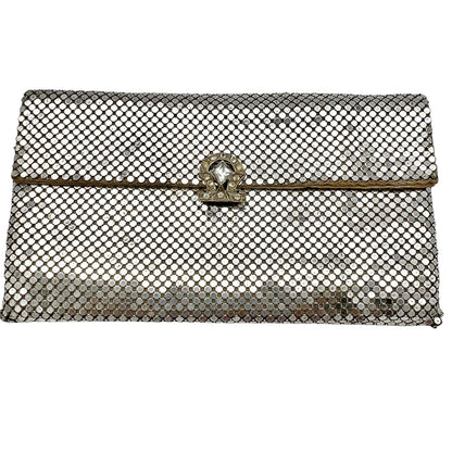 Vintage Whiting & Davis Co Purse Silver Mesh 6.5 x 3.5 Clutch Crystal Clasp