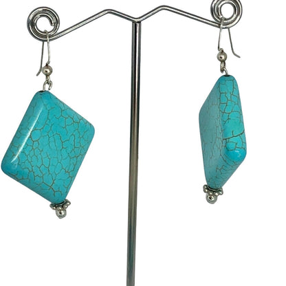 Turquoise Blue Necklace & Earrings Set Square Beads Silvertone Boho Jewelry