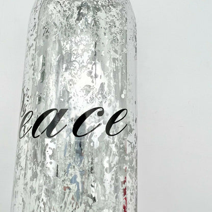 Upcycled Painted Peace Wine Bottle 12in Decor Silver