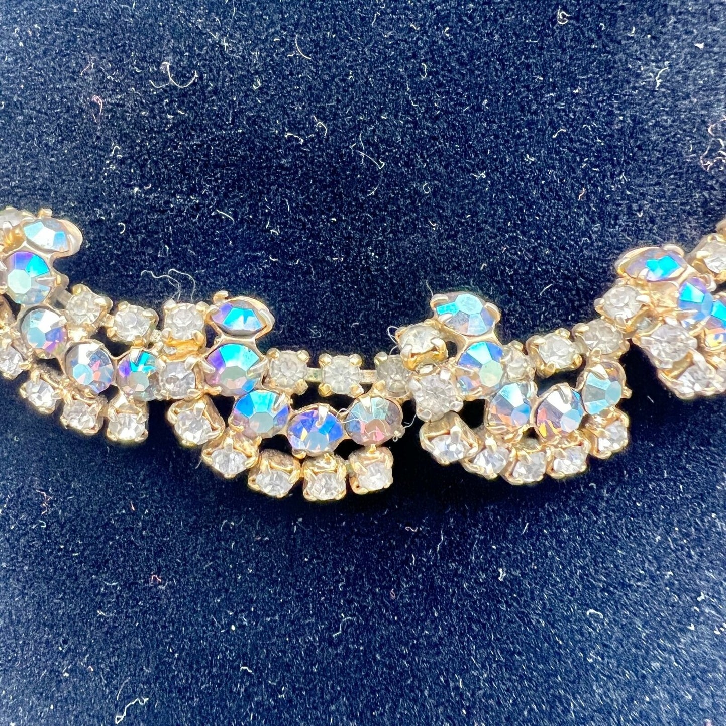 Vintage Goldtone White and Blue Crystal Necklace 15 in
