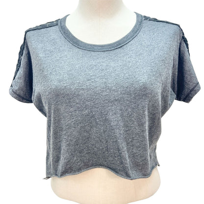 To Love Womens 12 Short Sleeve Gray Cut Off Shirt Black Lace Shoulders