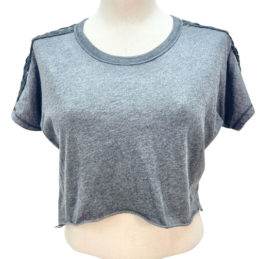 To Love Womens 12 Short Sleeve Gray Cut Off Shirt Black Lace Shoulders