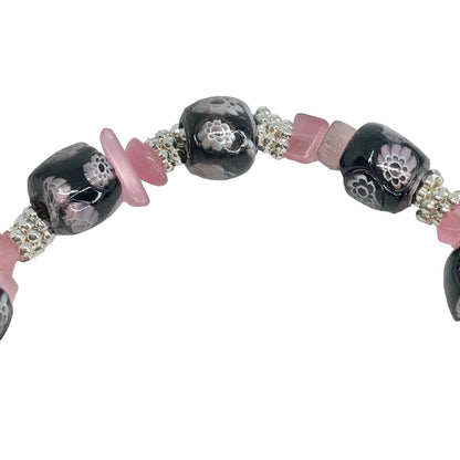 Handcrafted Beaded Bracelet Black Floral Pink Silver Beads Unique Fun NEW
