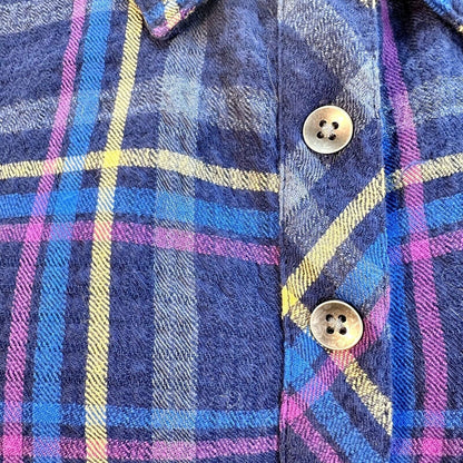Torrid Flannel Shirt Size 3 Blue Purple Yellow Plaid Buttons Front Back LS NWOT