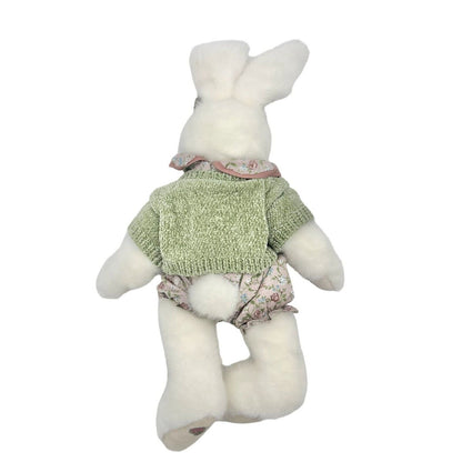 Stuffed Bunny 15 x 11 White Pink Flowered Jumper Bow Green Sweater NEW