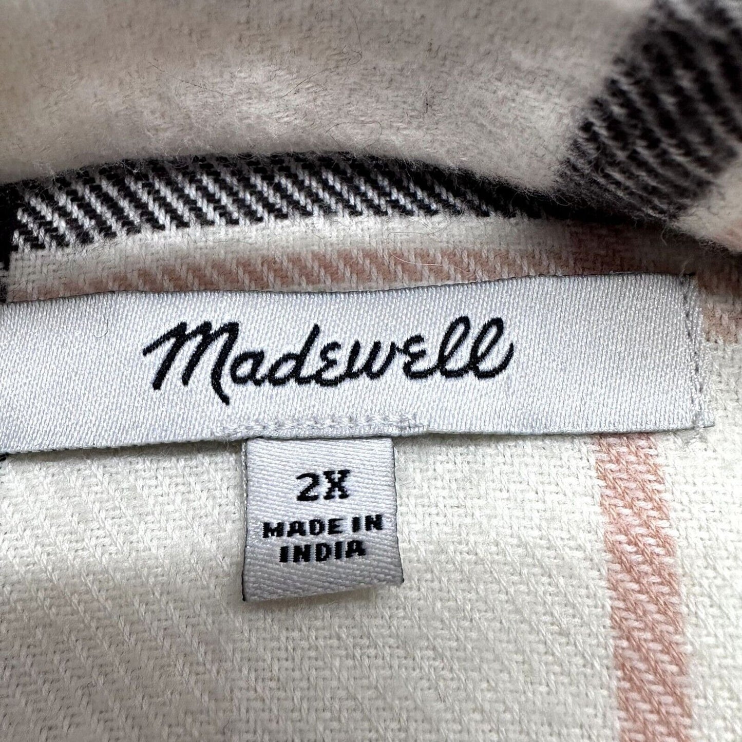 Madewell Flannel Shirt 2X Beige Peach Black Plaid Button Up Long Sleeve