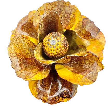 Brooch Flower Yellow Gold Brown 2.5 inch Vintage