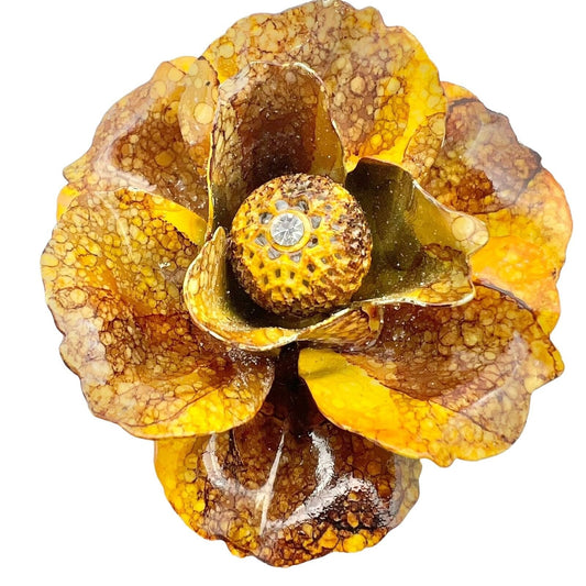Brooch Flower Yellow Gold Brown 2.5 inch Vintage