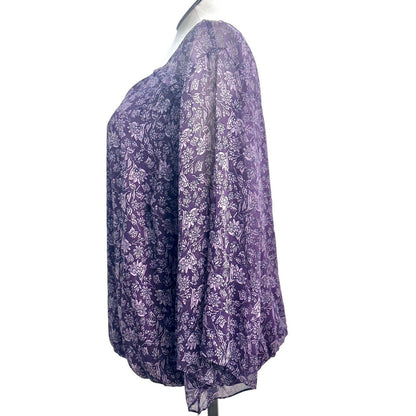 I.N. Studio Top Women's 3x Purple Flowers Gold Thread Vneck Gathered Bottom NWT