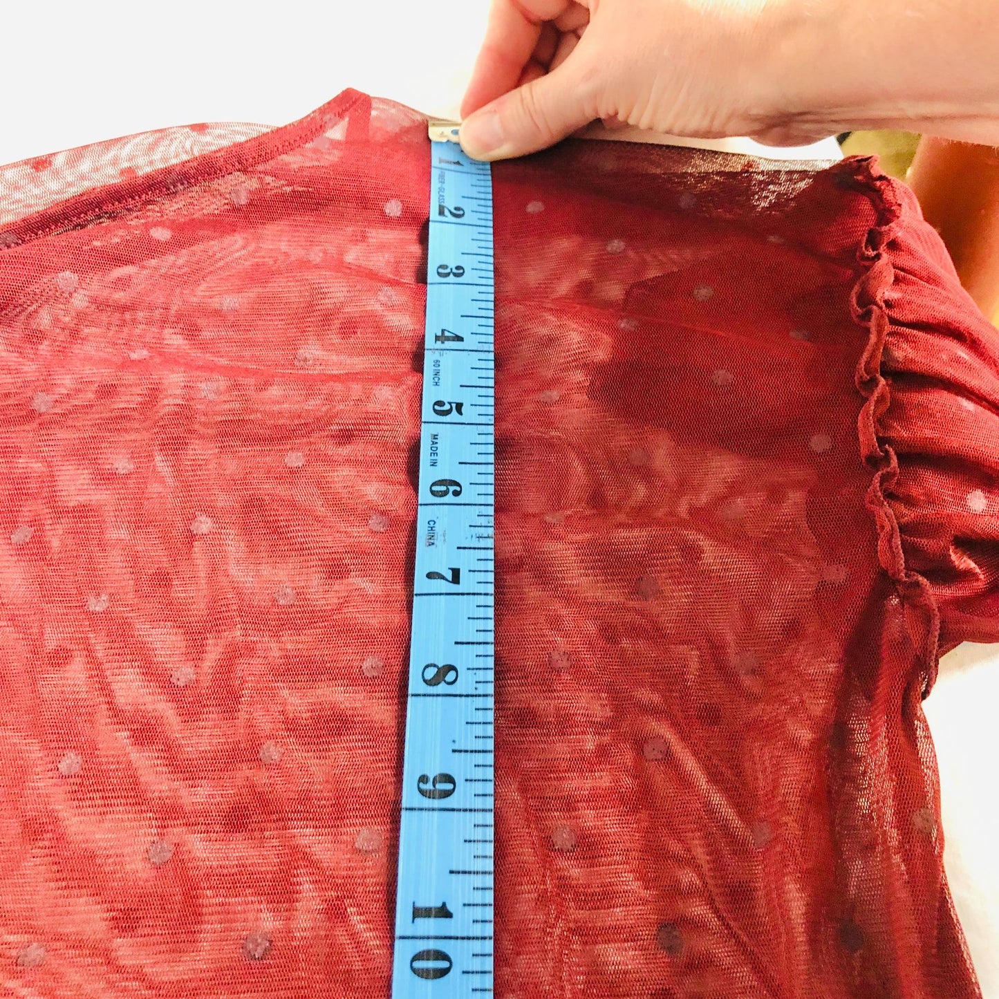 Express Small Petite Sheer Maroon Lacy Top Ruffled Bell 3/4 Sleeves Spotted
