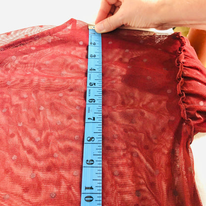 Express Small Petite Sheer Maroon Lacy Top Ruffled Bell 3/4 Sleeves Spotted
