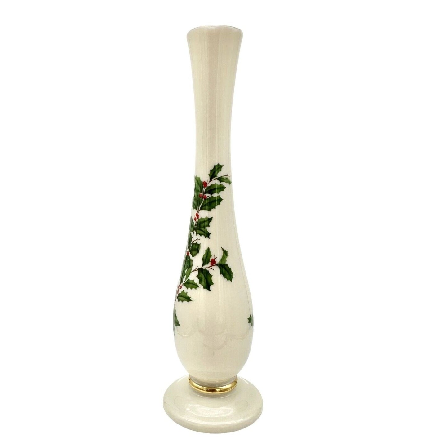Lenox Holiday Christmas Bud Vase 7.5 x 2 Beige Gold Trim Holly