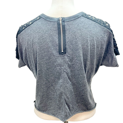 To Love Womens 12 Short Sleeve Gray Cut Off Shirt Black Lace Shoulders