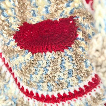 Crochet Hat Blues Browns Red with Ear Flaps and Ties and Pom Pom