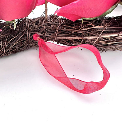 Heart Wreath 17 x 16 Red Pink Flowers Eucalyptus Red Ribbon Hanger