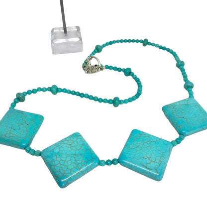 Turquoise Blue Necklace & Earrings Set Square Beads Silvertone Boho Jewelry