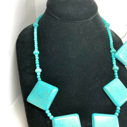 Turquoise Blue Necklace & Earrings Set Square Beads Silvertone Boho Jewelry