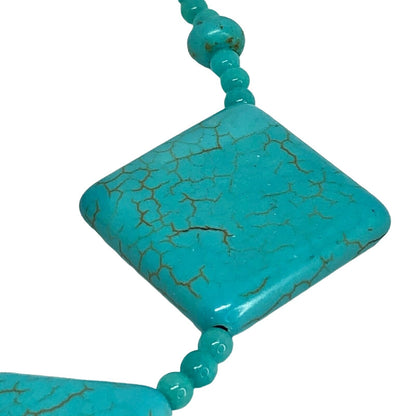 Turquoise Blue Necklace & Earrings Set Square Beads Silvertone Boho Jewelry