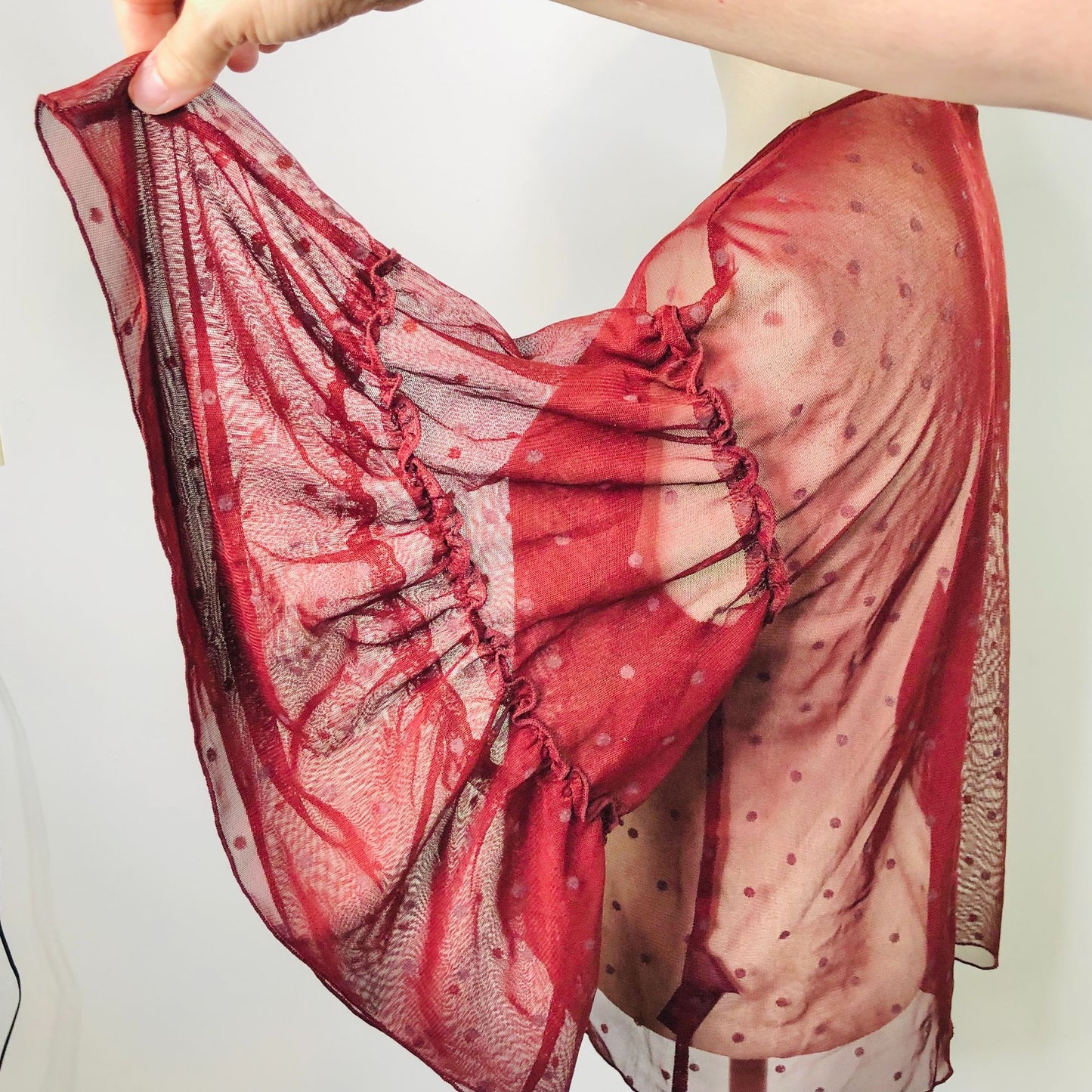 Express Small Petite Sheer Maroon Lacy Top Ruffled Bell 3/4 Sleeves Spotted