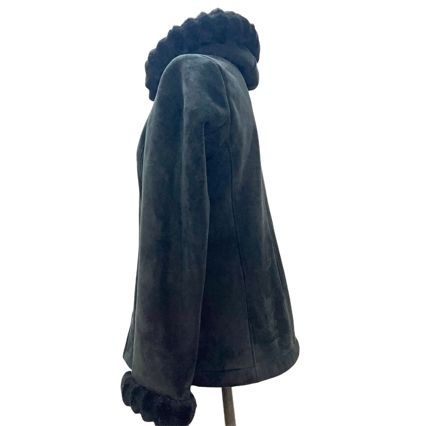 Esprit Women's Small Black Suede Zip Up Jacket Fur Lining Hood Cuffs