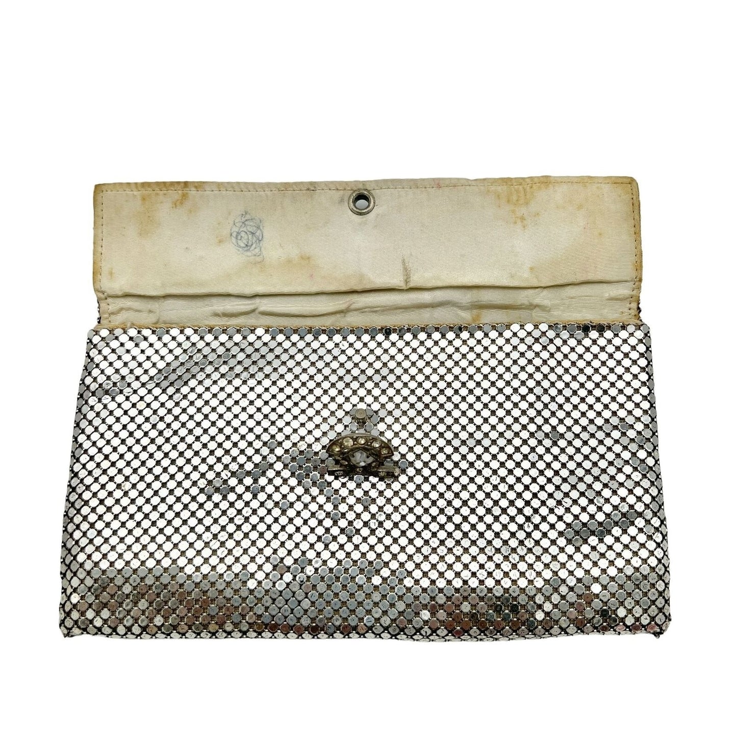 Vintage Whiting & Davis Co Purse Silver Mesh 6.5 x 3.5 Clutch Crystal Clasp