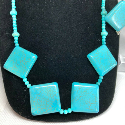 Turquoise Blue Necklace & Earrings Set Square Beads Silvertone Boho Jewelry