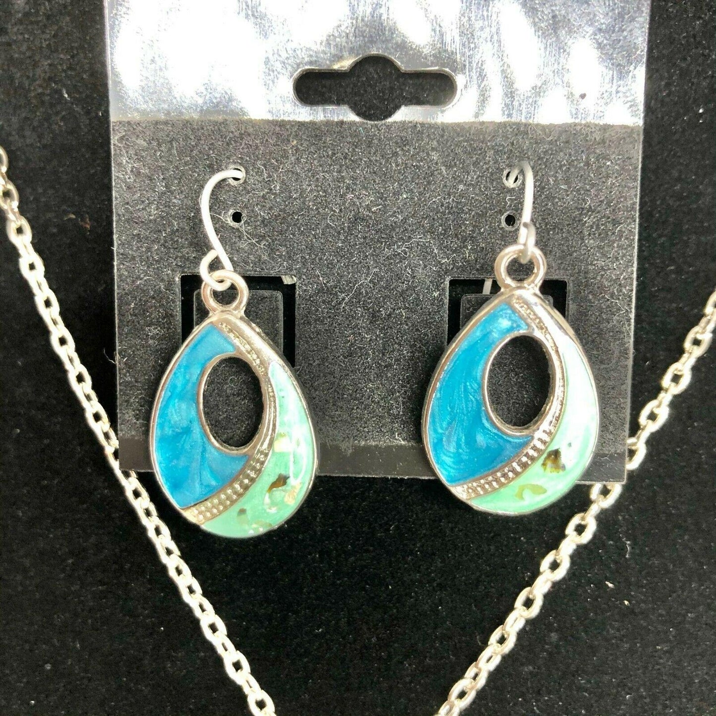 Teardrop Necklace and Earring Set Blue and Green Swirl Cutout NEW