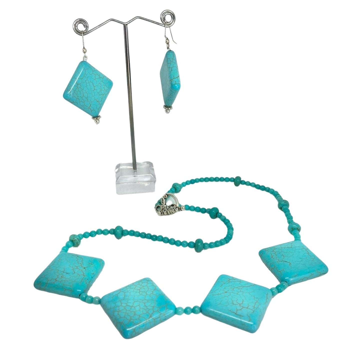 Turquoise Blue Necklace & Earrings Set Square Beads Silvertone Boho Jewelry