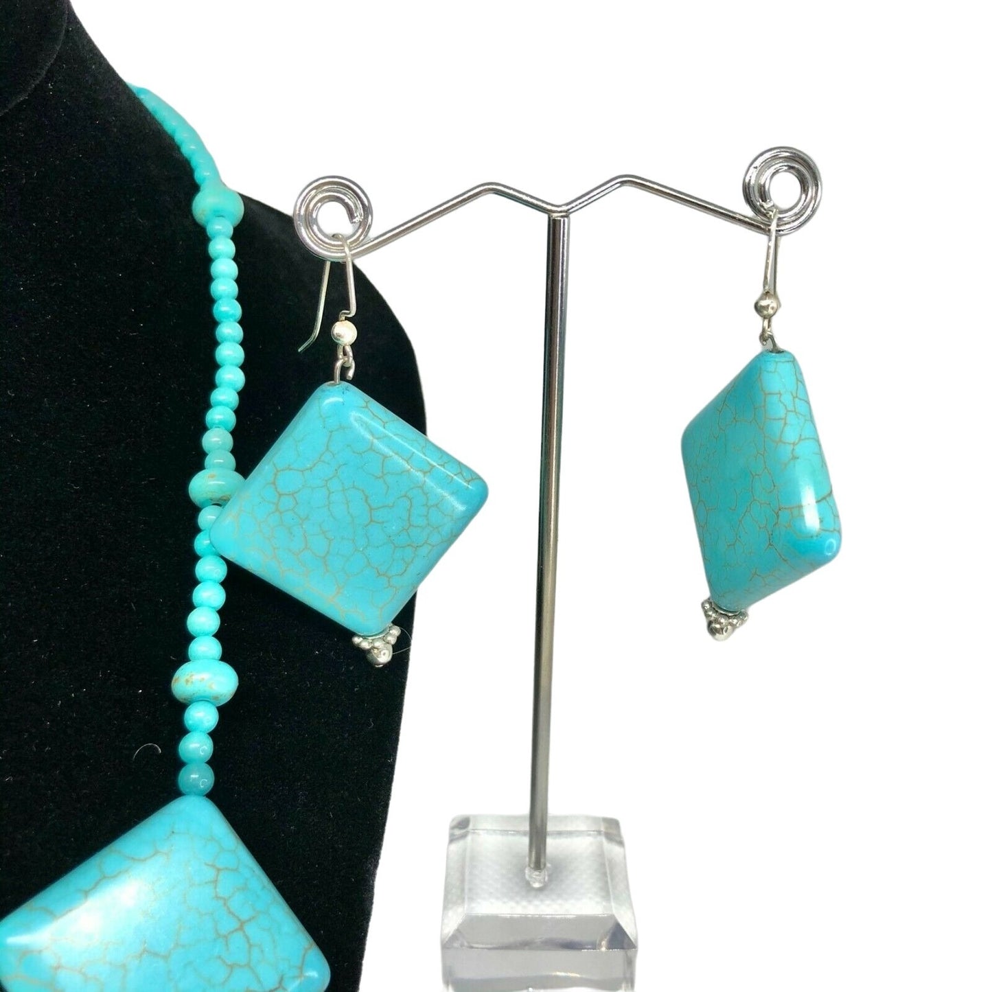 Turquoise Blue Necklace & Earrings Set Square Beads Silvertone Boho Jewelry