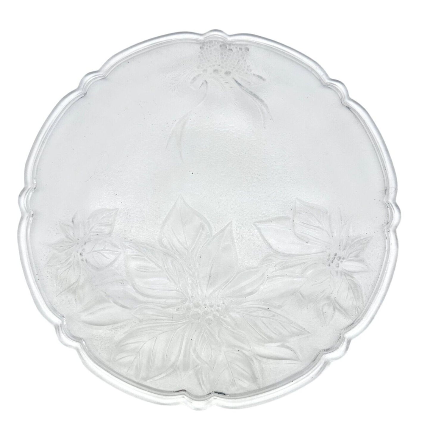 Vintage Serving Plate 13 inch Round Clear Etched Poinsettias