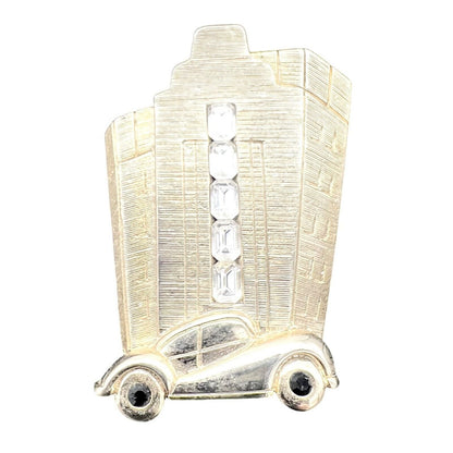 Vintage Brooch Pin 2.5 Inch Goldtone Art Deco Building Retro Car