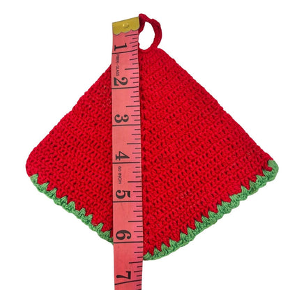 Crocheted Trivet and 2 Pot Holders Red with Green White Trim Christmas
