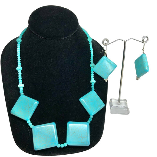 Turquoise Blue Necklace & Earrings Set Square Beads Silvertone Boho Jewelry