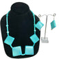 Turquoise Blue Necklace & Earrings Set Square Beads Silvertone Boho Jewelry