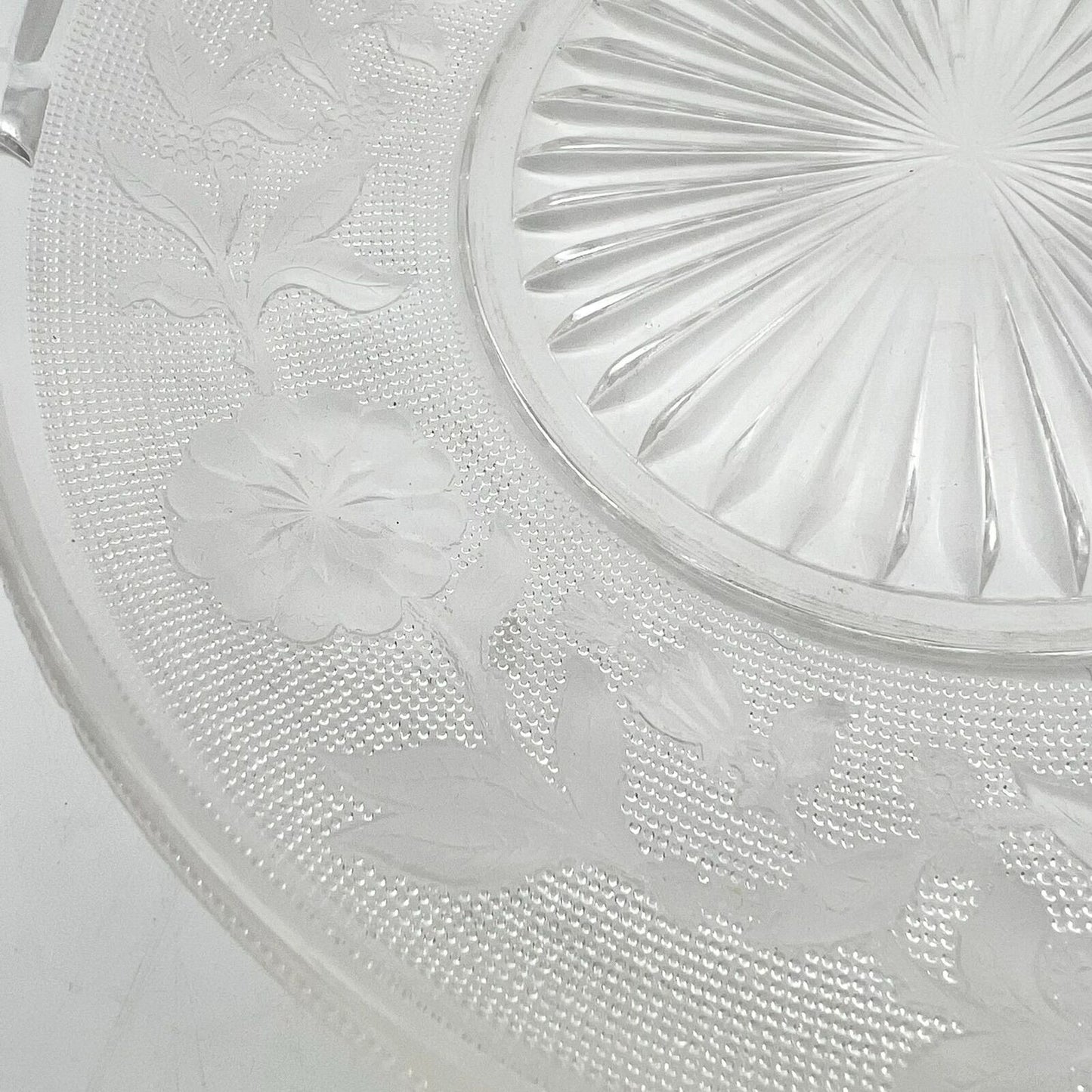 Serving Dish 9 inch Clear Glass Etched Flowers 2 Handles
