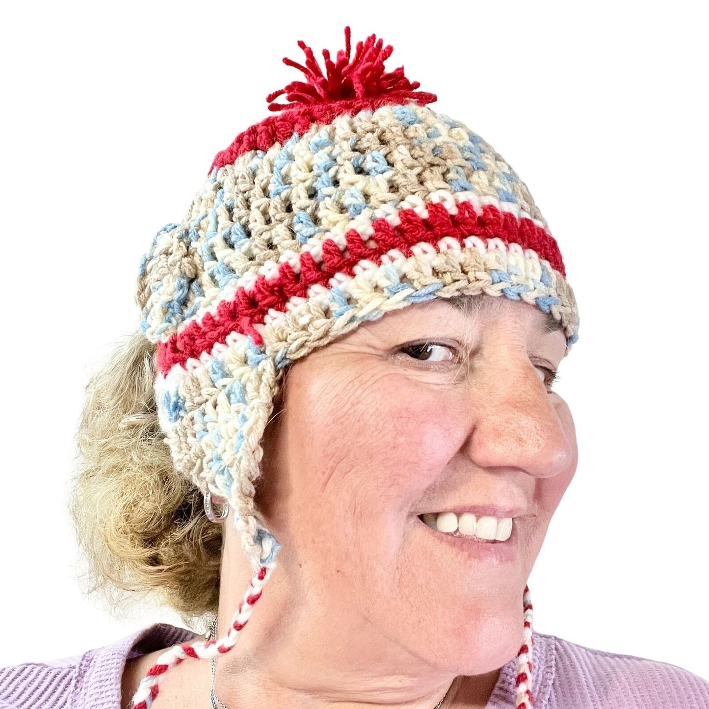Crochet Hat Blues Browns Red with Ear Flaps and Ties and Pom Pom