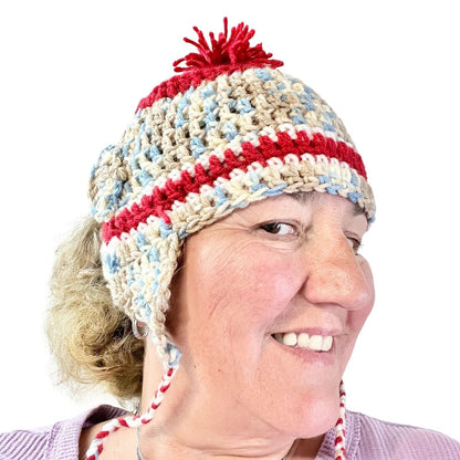 Crochet Hat Blues Browns Red with Ear Flaps and Ties and Pom Pom