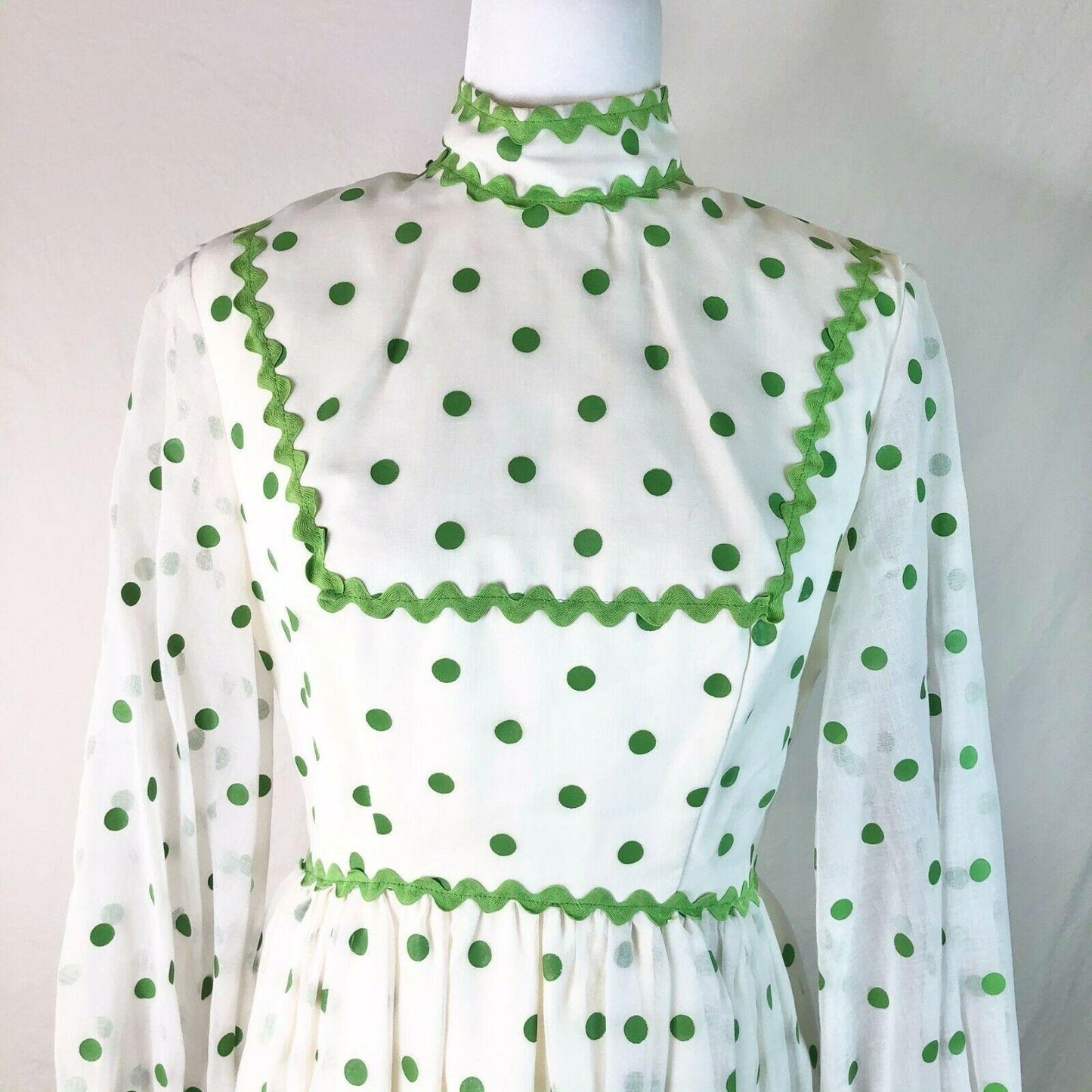 Vintage 1960s White w/ Green Polka Dots High Collar Long Sleeve Gown Bridesmaid