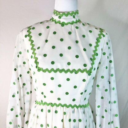 Vintage 1960s White w/ Green Polka Dots High Collar Long Sleeve Gown Bridesmaid