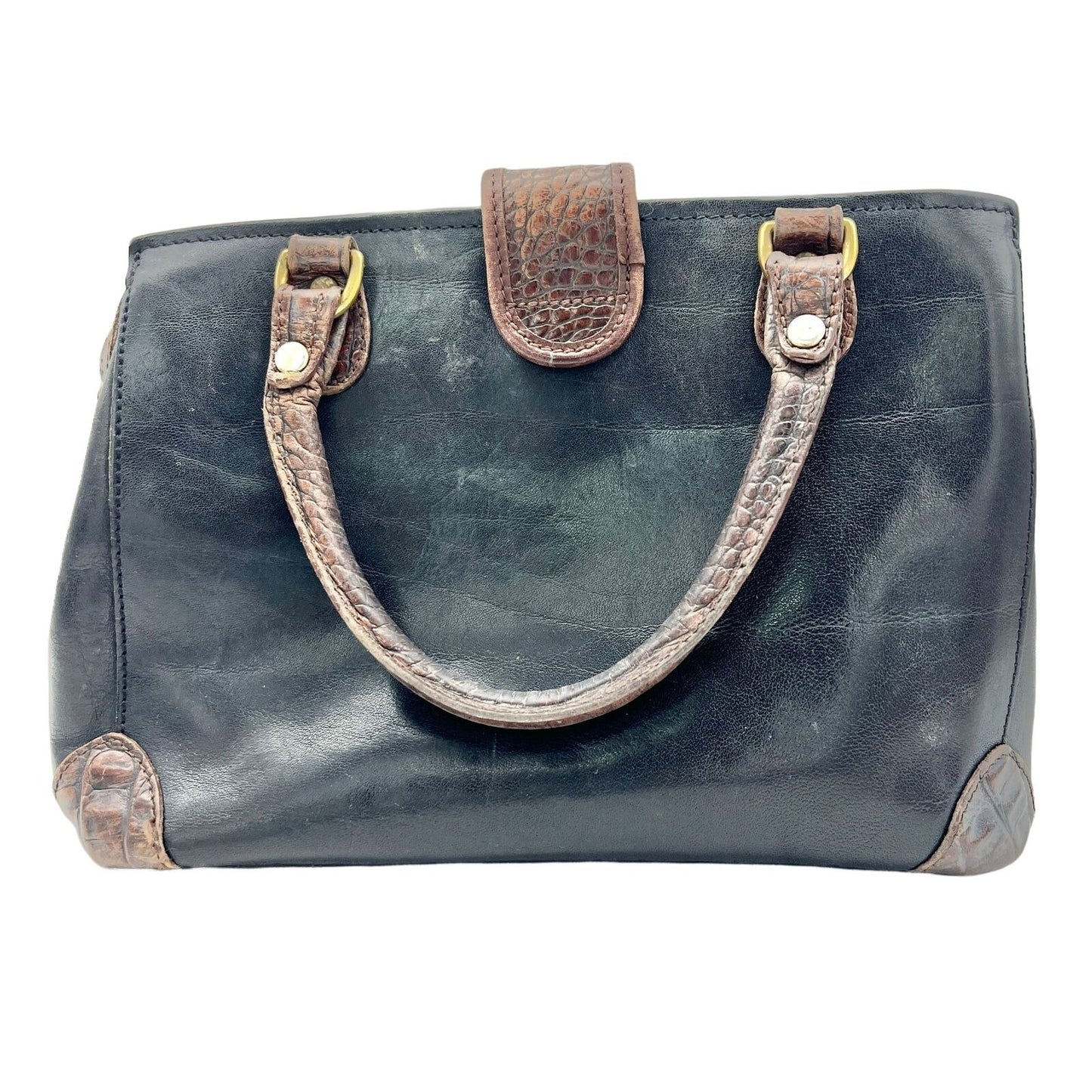 Vintage Brahmin Satchel Purse 10 x 7 x 5 Black Brown Leather Zip Closure