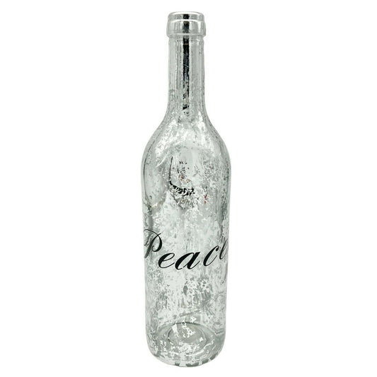 Upcycled Painted Peace Wine Bottle 12in Decor Silver