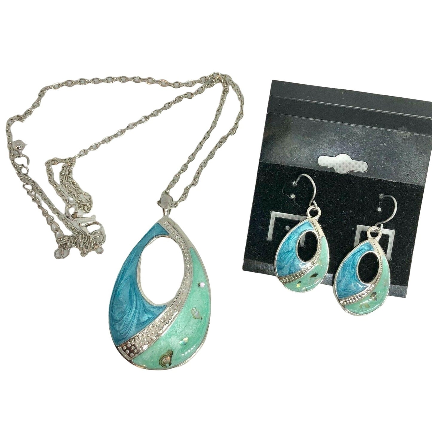 Teardrop Necklace and Earring Set Blue and Green Swirl Cutout NEW