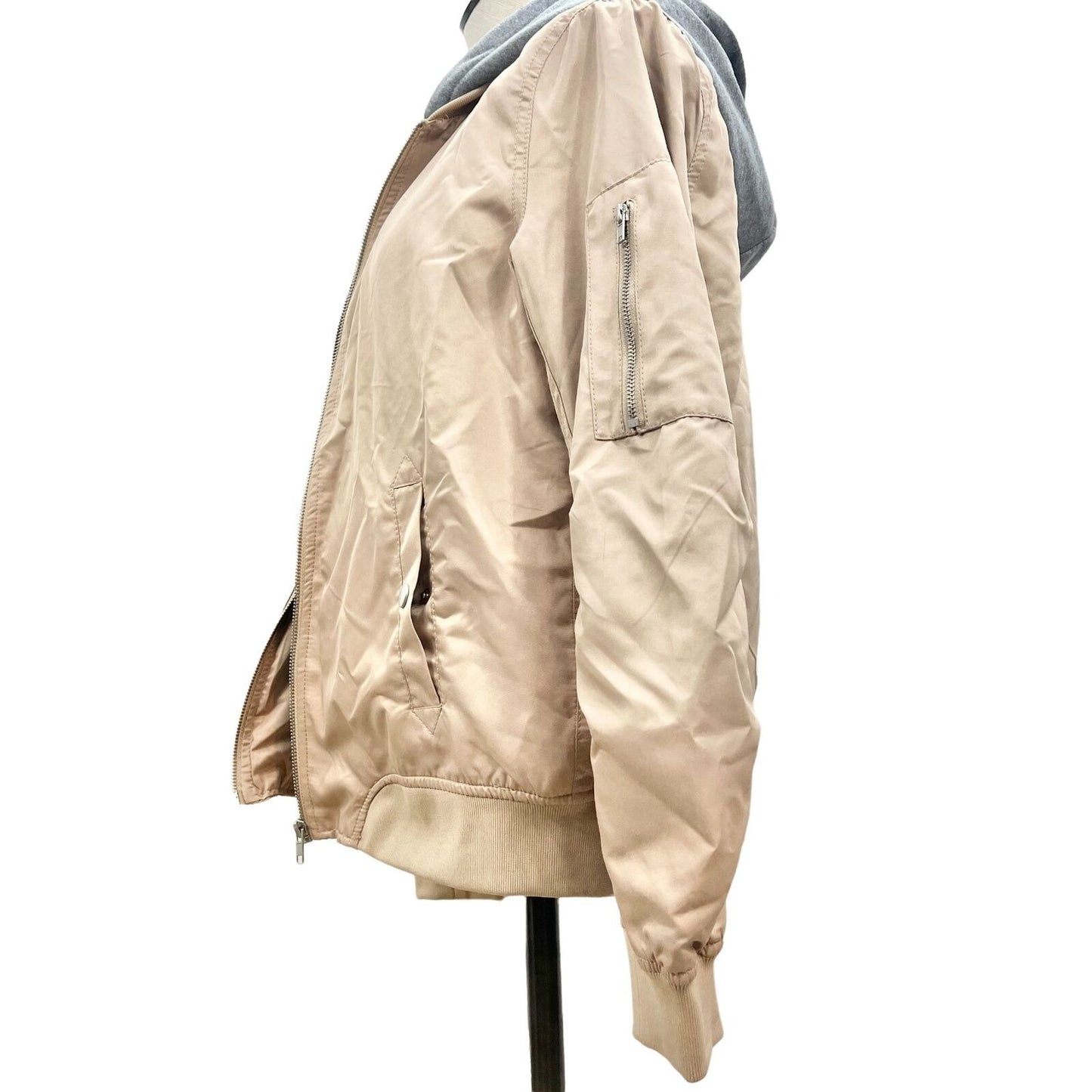Forever 21 Hoodie Jacket Small Tan Gray Double Layer Zip Pockets