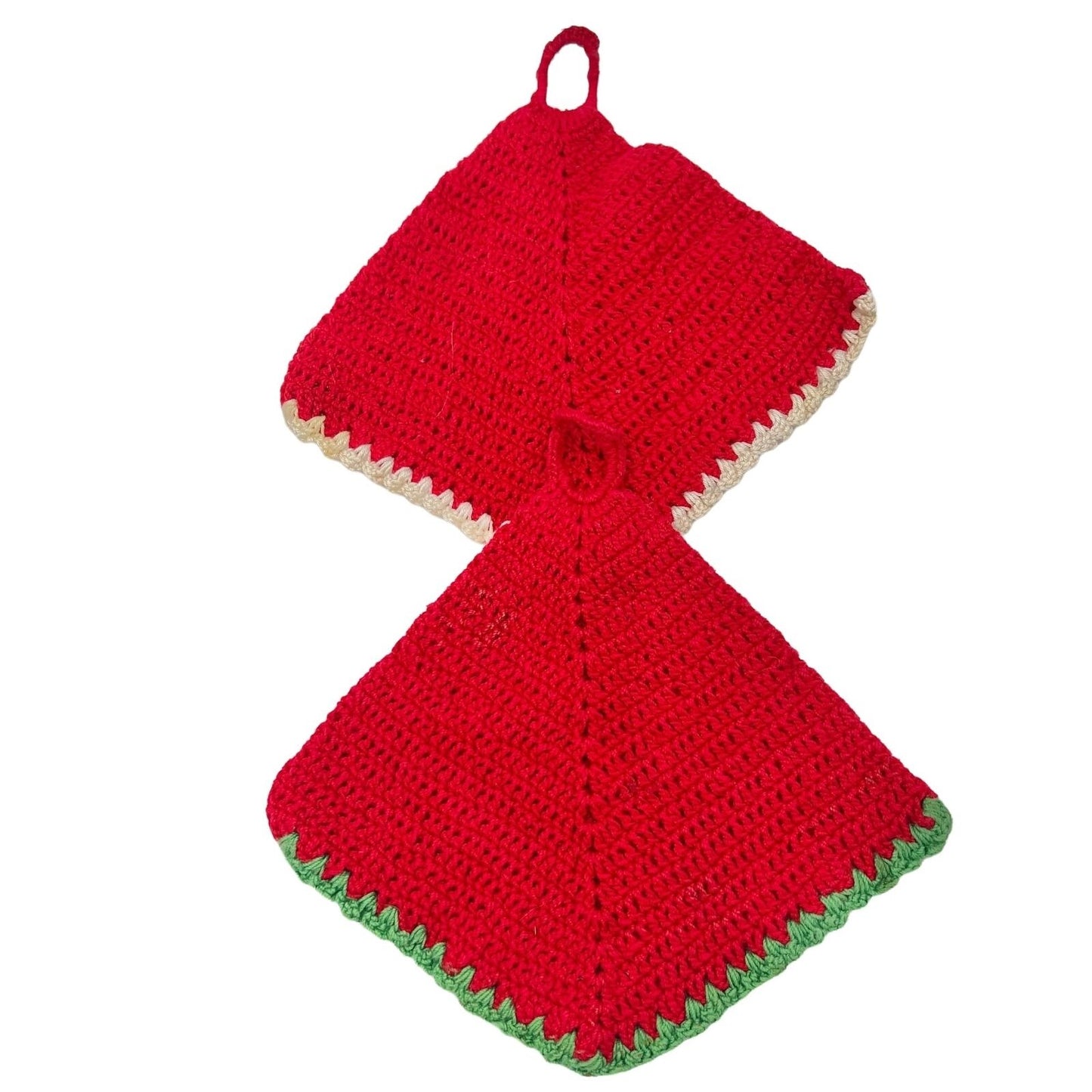 Crocheted Trivet and 2 Pot Holders Red with Green White Trim Christmas