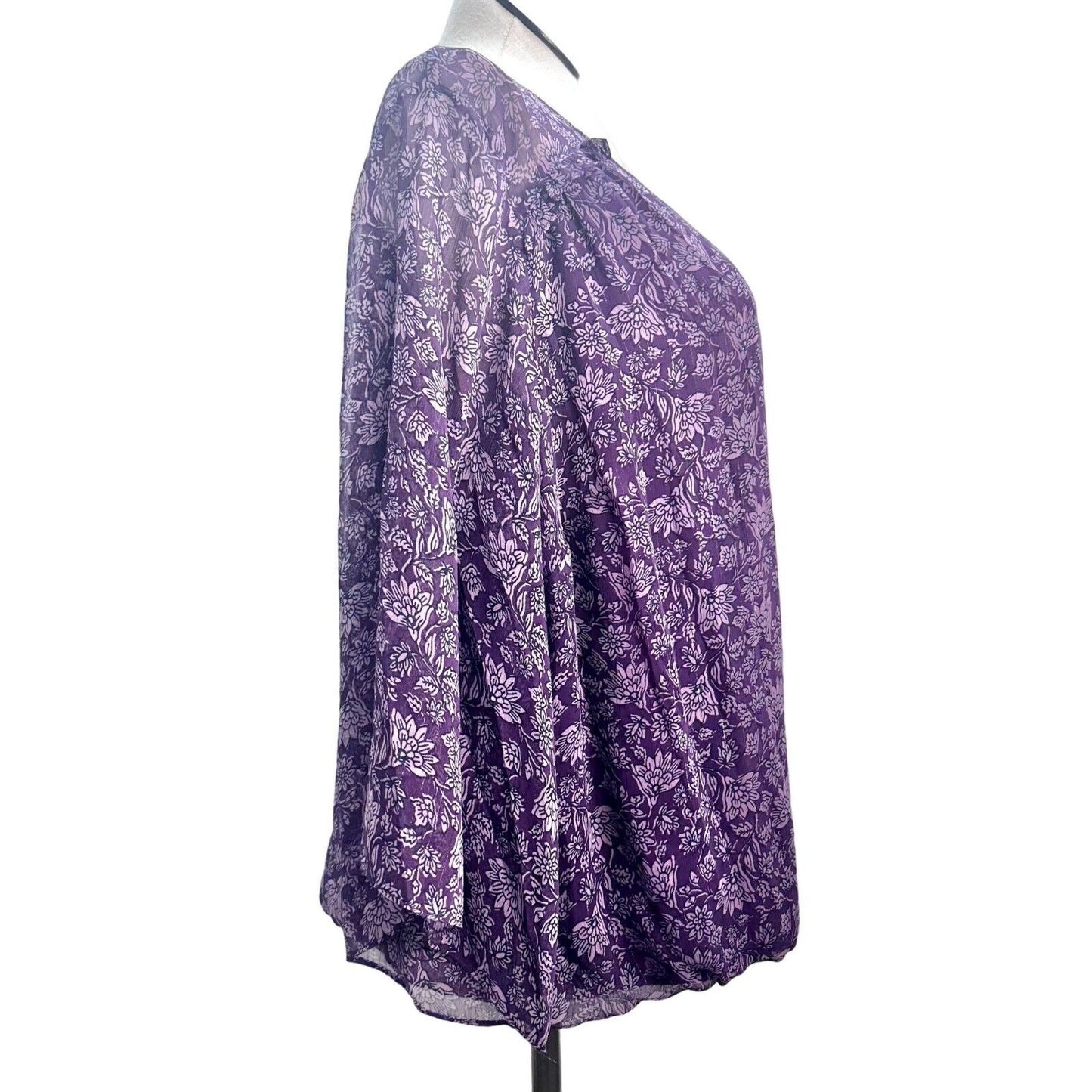 I.N. Studio Top Women's 3x Purple Flowers Gold Thread Vneck Gathered Bottom NWT