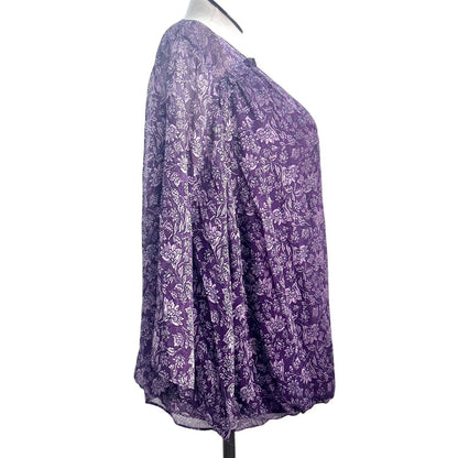I.N. Studio Top Women's 3x Purple Flowers Gold Thread Vneck Gathered Bottom NWT
