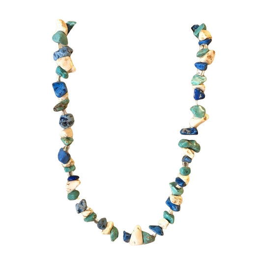 Handcrafted Necklace Beachy Stones Glass Beads Marbled Blues and White NEW