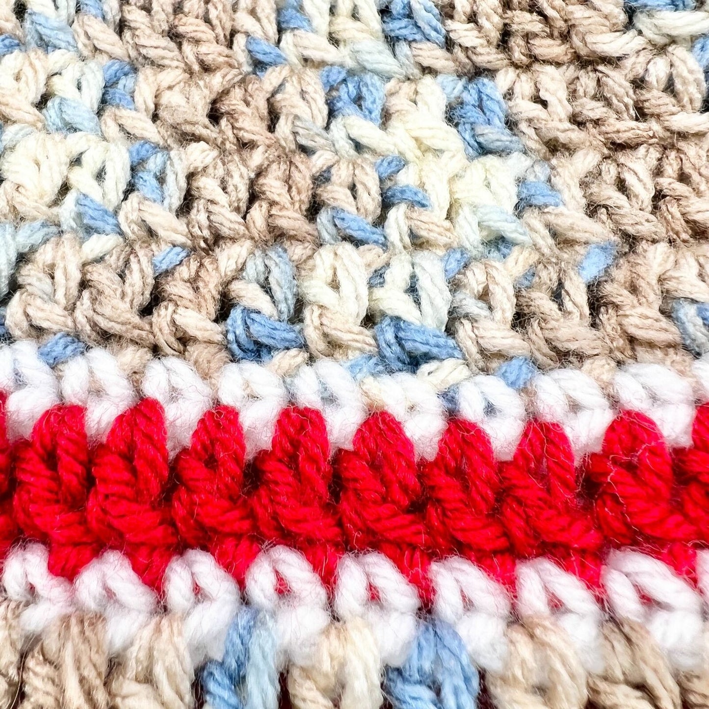 Crochet Hat Blues Browns Red with Ear Flaps and Ties and Pom Pom