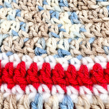 Crochet Hat Blues Browns Red with Ear Flaps and Ties and Pom Pom
