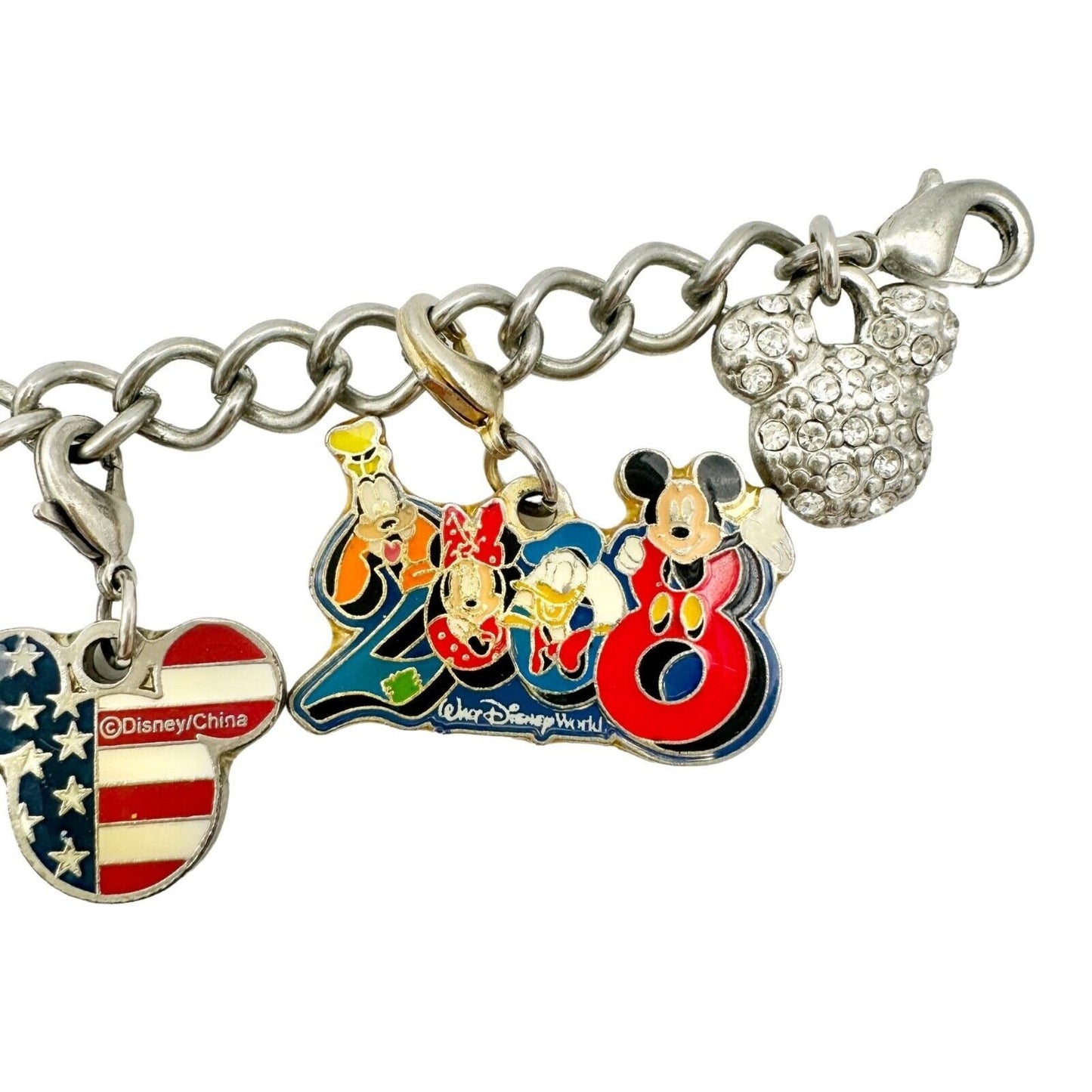 Disney Charm Bracelet Silvertone with Mickey Mouse Ruby Colored Stones Necklace